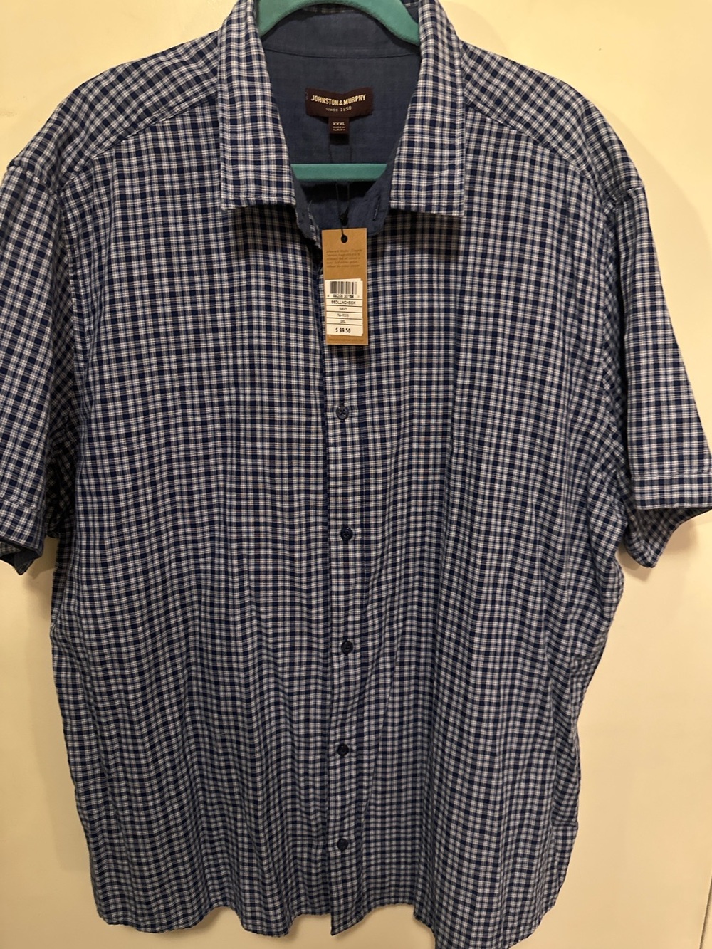 Johnston & Murphy Navy Plaid Shirt 3XL Big & Tall 100% Cotton Short Sleeve NWT